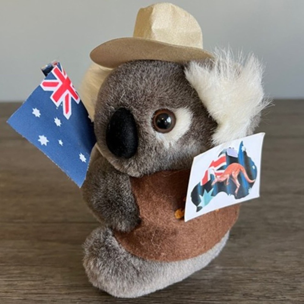 Vintage Australian Souvenir Koala Bear Holding Flag in Cowboy Hat Plush